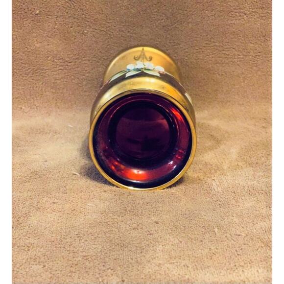 Vintage Bohemian Czech Cranberry 24K Gold Encrusted Enameled Glass Vase (1950s) - Picture 5 of 6